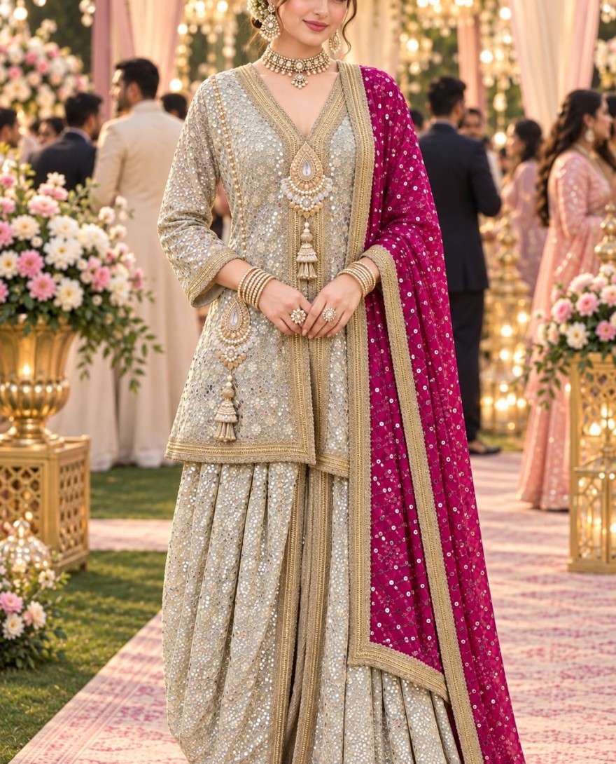 2183 - Gold Georgette Embroidered, Resham and Sequins Work Ceremonial Salwar Suit